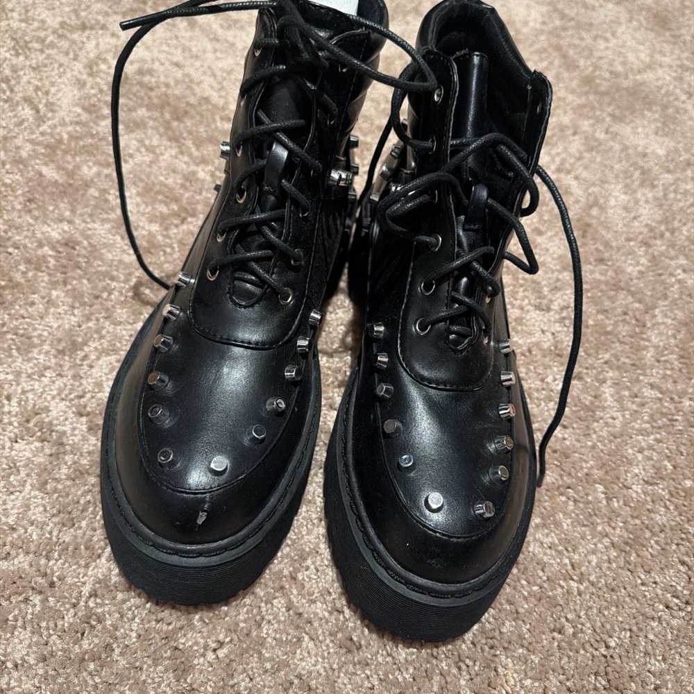 Black Studded Platform Combat Boots | Chunky Lug Sole | Size 8